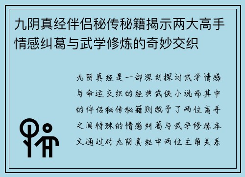 九阴真经伴侣秘传秘籍揭示两大高手情感纠葛与武学修炼的奇妙交织