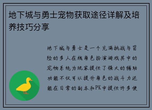 地下城与勇士宠物获取途径详解及培养技巧分享