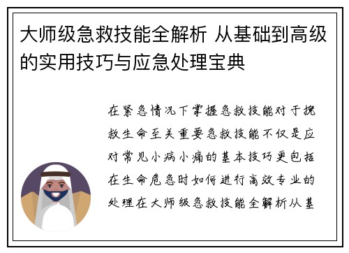 大师级急救技能全解析 从基础到高级的实用技巧与应急处理宝典